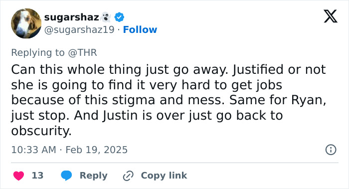 Tweet discussing Justin Baldoni and stigma affecting job prospects. Tweet discussing Justin Baldoni and stigma affecting job prospects.