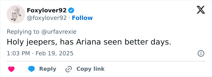 Tweet expressing concern about Ariana Grande's appearance at the Baftas.