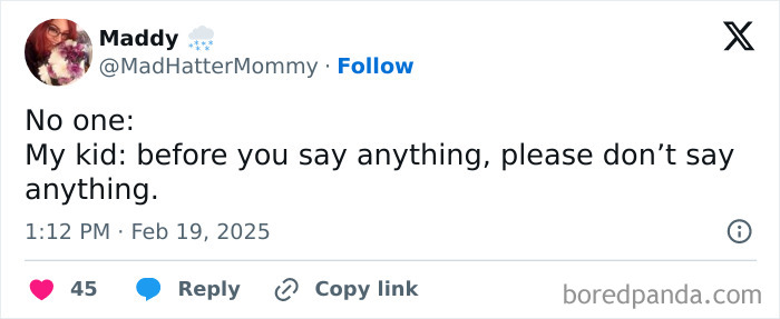 Unhinged tweet from a parent sharing a humorous interaction with their child.