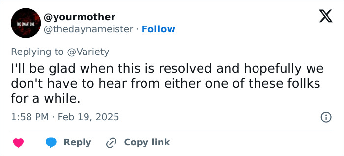 Tweet about a resolution, expressing relief at not hearing from certain people for a while, related to Justin Baldoni. Tweet about a resolution, expressing relief at not hearing from certain people for a while, related to Justin Baldoni.