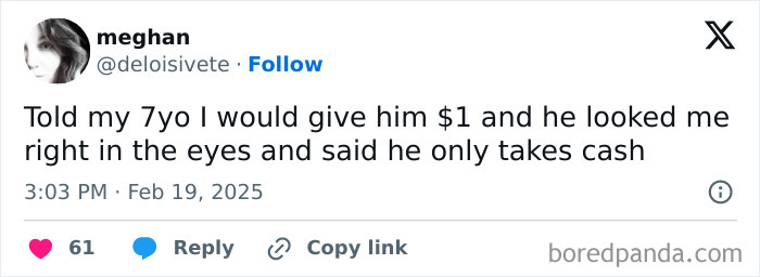 Tweet from a parent about a humorous interaction with their 7-year-old, referencing a preference for cash.