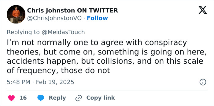 Chris Johnston tweets about plane collisions, expressing skepticism over frequent incidents.