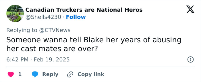 Tweet questioning Blake's past behavior towards cast mates, related to Justin Baldoni's intimate scene conduct. Tweet questioning Blake's past behavior towards cast mates, related to Justin Baldoni's intimate scene conduct.