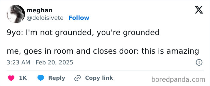 Tweet from a parent humorously sharing an interaction with their child.