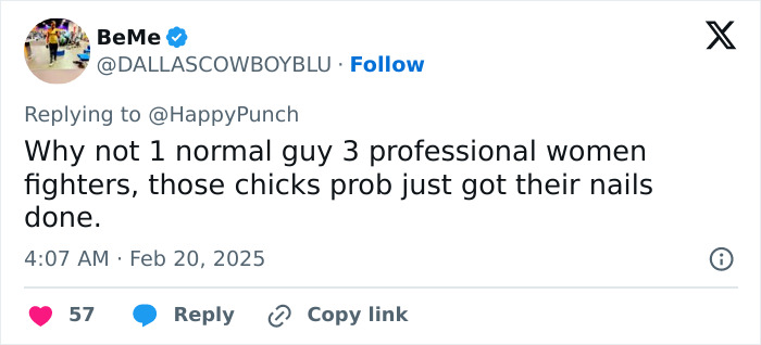 Tweet criticizing controversial MMA fight format involving pro men and untrained women. Tweet criticizing controversial MMA fight format involving pro men and untrained women.