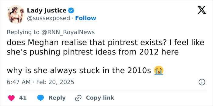 Tweet mocking Meghan Markle's advice for kids' parties, calling it outdated. Tweet mocking Meghan Markle's advice for kids' parties, calling it outdated.