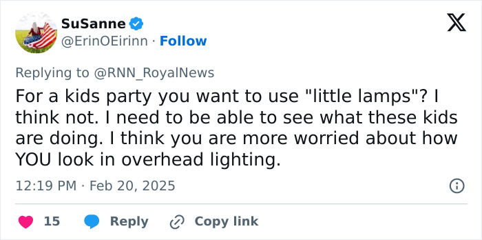 Tweet critiquing Meghan Markle's advice on kids' parties, remarking on lighting choices. Tweet critiquing Meghan Markle's advice on kids' parties, remarking on lighting choices.