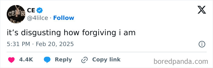 Screenshot of a tweet by CE expressing humor about being forgiving, reflecting Black culture.