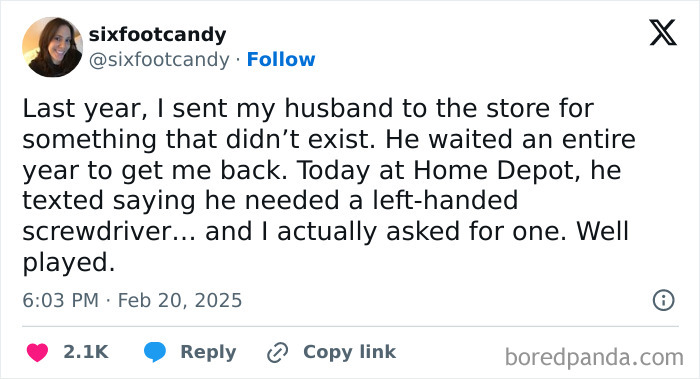 Tweet about a funny prank involving a non-existent left-handed screwdriver at Home Depot.