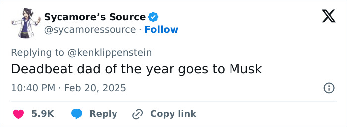 Tweet criticizing Musk, calling him "deadbeat dad of the year," from @sycamoresource, Feb 20, 2025.