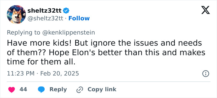 Tweet discussing Elon Musk allegedly ignoring children's issues in a message reply.