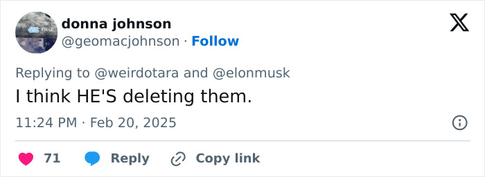 Tweet discussing Elon Musk potentially deleting posts, with 71 likes.