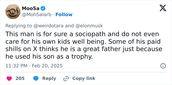 Tweet criticizing Elon Musk's parenting, mentioning sociopath and using his son as a trophy.