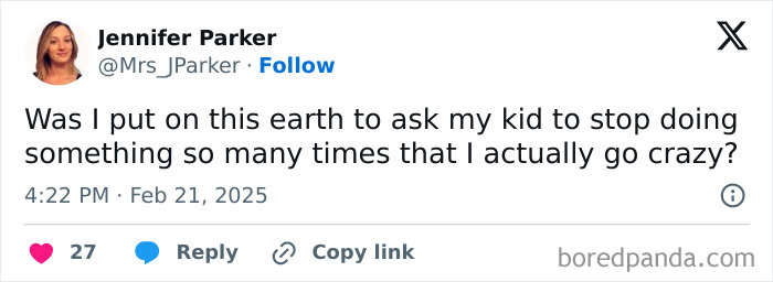 Tweet from a parent humorously questioning their sanity, with engagement icons visible.