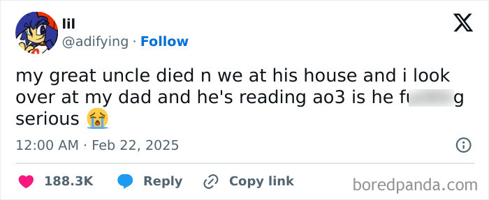 A humorous February tweet about a dad reading AO3 at a somber family gathering.