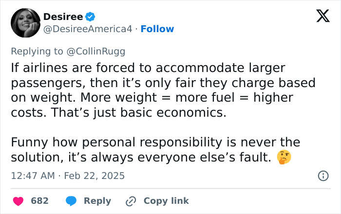 Tweet discussing airlines weighing fees for obese passengers and the concept of personal responsibility.