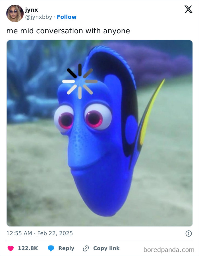 Dory with a loading symbol on her, reflecting a humorous take on conversation, celebrating Black culture through tweets.