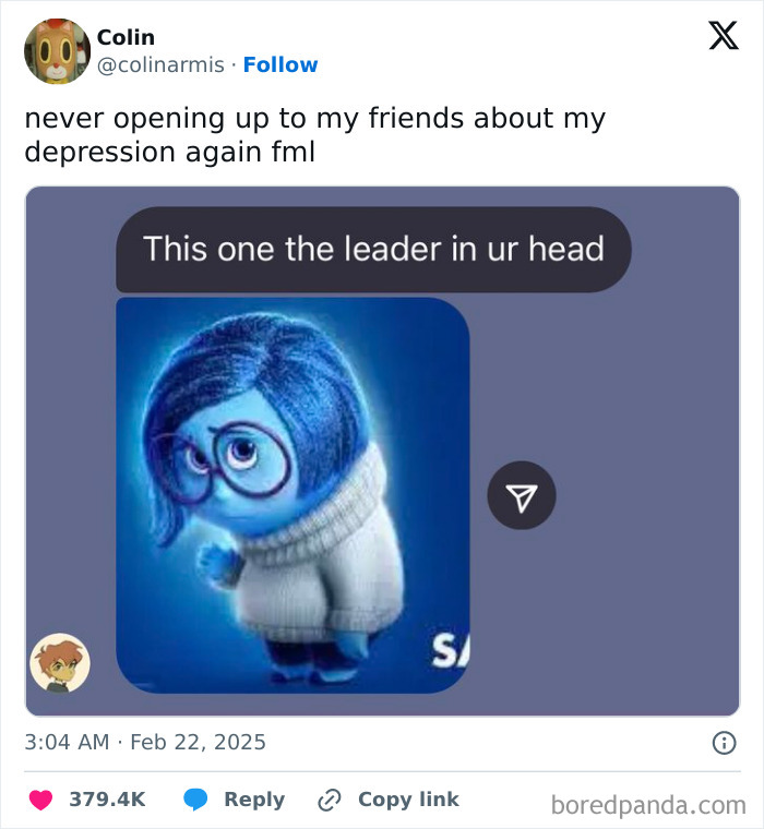 Animated character with glasses, labeled "leader in ur head," humorously referencing depression in a February tweet.