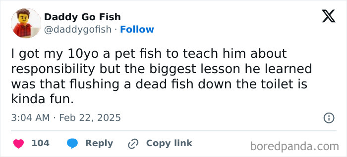 Tweet about a parent's experience with their child's pet fish and responsibility, highlighting a funny lesson learned.
