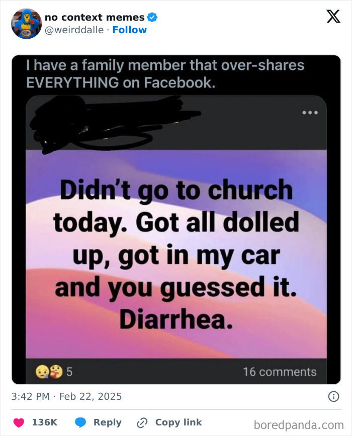 Funny February tweet oversharing on Facebook about missing church due to an unexpected reason, causing laughter.
