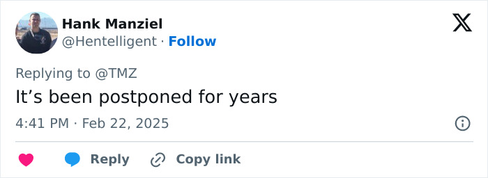 Tweet about wedding postponed, featuring user Hank Manziel commenting on delay.