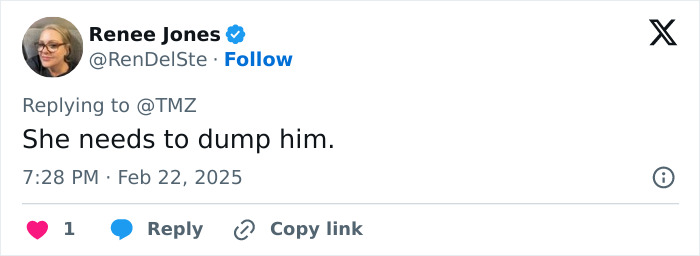 Tweet about Sydney Sweeney's wedding postponement, reading "She needs to dump him," from user Renee Jones.