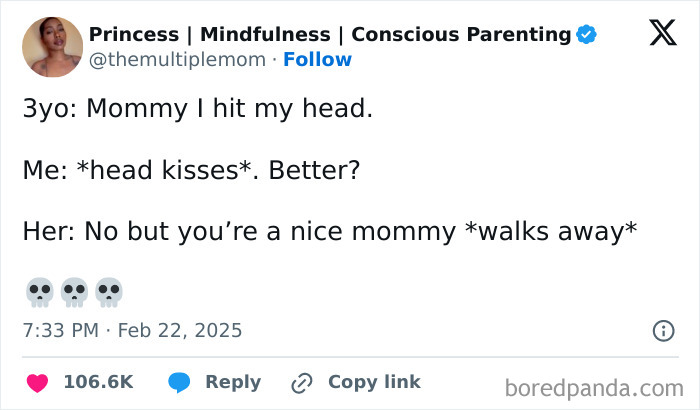 Funny February tweet about parenting: child hits head, mom kisses it, child says she's nice but walks away unimproved.