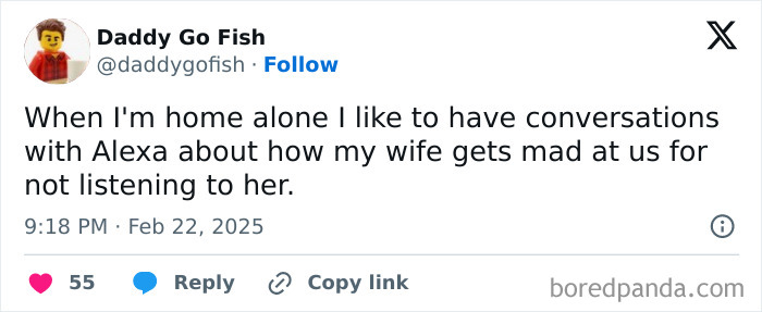 Tweet from a parent humorously discussing conversations with Alexa about listening issues.