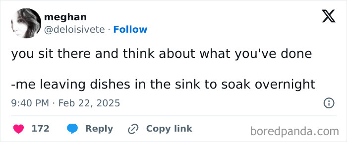 Tweet humor from a parent about leaving dishes to soak overnight.