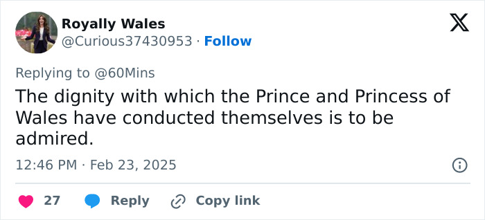 Tweet about Prince William&rsquo;s reaction to Kate&rsquo;s cancer news, praising their dignity.