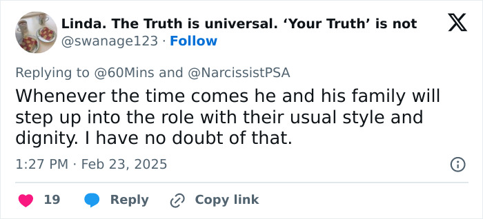 Tweet responding to news about William and Kate, expressing confidence in their leadership style and dignity.