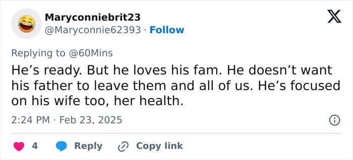 Tweet discussing Prince William's focus on family and wife Kate's health.