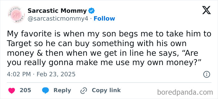 Tweet from a parent humorously recounting a child's reluctance to spend their own money.
