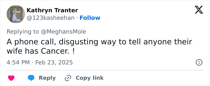 Tweet criticizing the method of informing Prince William about Kate&rsquo;s cancer diagnosis.