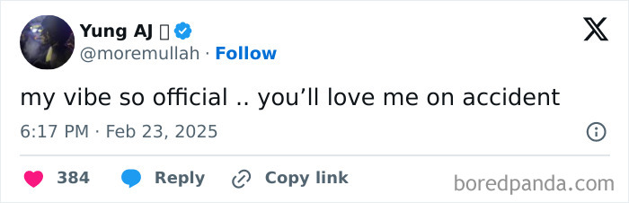 Tweet from Yung AJ humorously celebrating Black culture with the phrase, "my vibe so official .. you’ll love me on accident."