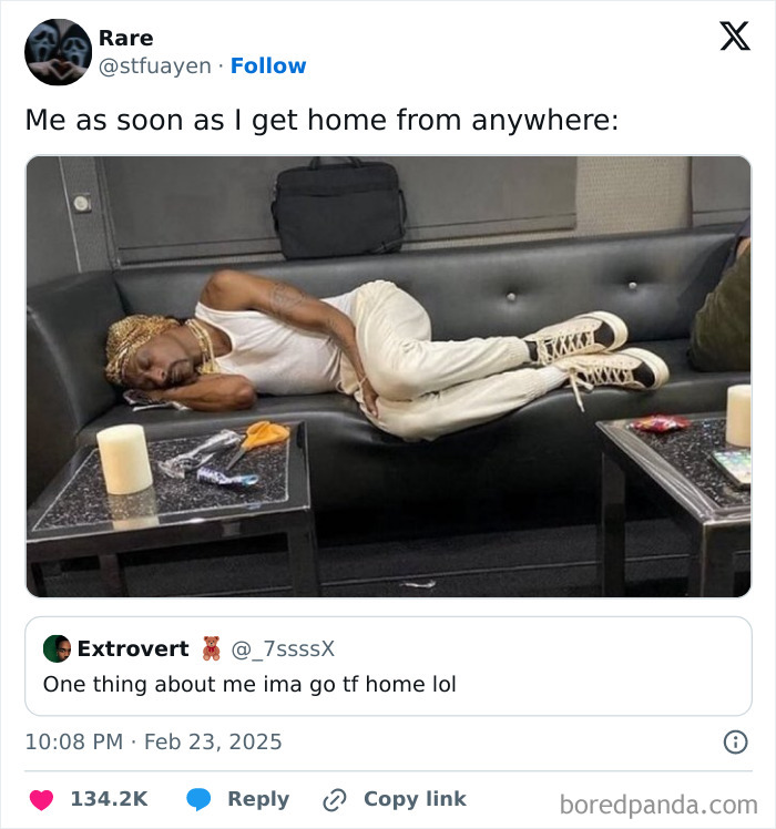 Person in white outfit humorously lying on a sofa, celebrating Black culture through relatable tweets.