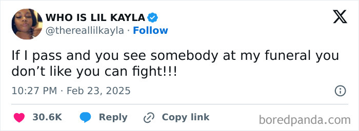 Funny tweet celebrating Black culture with a humorous funeral scenario, urging friends to confront disliked attendees.