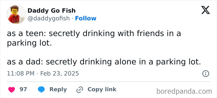 Tweet joking about a parent's lifestyle shift, highlighting humor in parenting tweets.