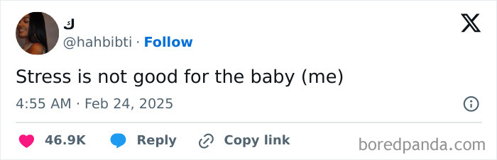 Tweet humorously celebrating Black culture with the text: "Stress is not good for the baby (me)."