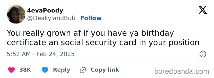 Tweet humorously celebrating Black culture, highlighting adulting with a birthday certificate and social security card.