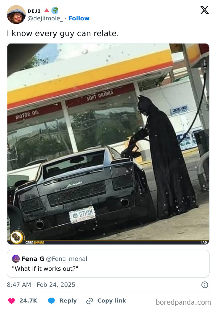Batman in costume refueling a Lamborghini at a gas station with a humorous caption related to Black culture.
