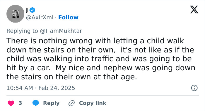 Tweet discussing child independence in stair use, responding to controversy around Elon Musk and his son X.
