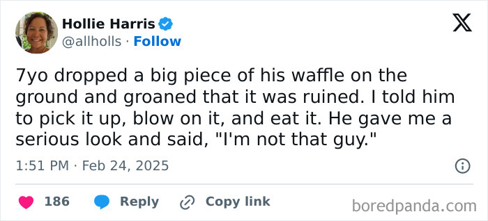 Parent shares unhinged tweet about a child's reaction to a dropped waffle, emphasizing humor in parenting moments.