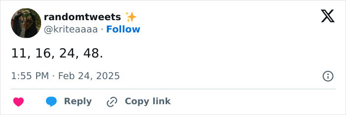 Tweet by randomtweets with numbers sequence: 11, 16, 24, 48.