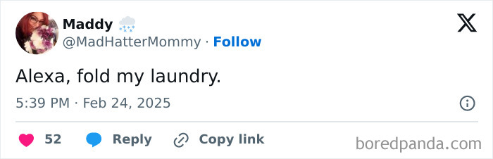 Tweet from a parent humorously asking Alexa to fold laundry, highlighting unhinged parenting moments.