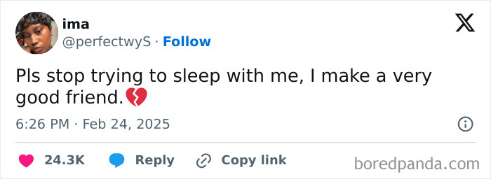 Tweet humorously addresses boundaries, highlighting black culture with a heartbroken emoji reaction.