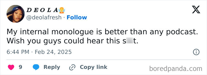 Tweet humorously comparing internal monologue to mental health podcasts.