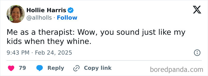 Tweet from a parent humorously comparing a therapy session to dealing with kids.