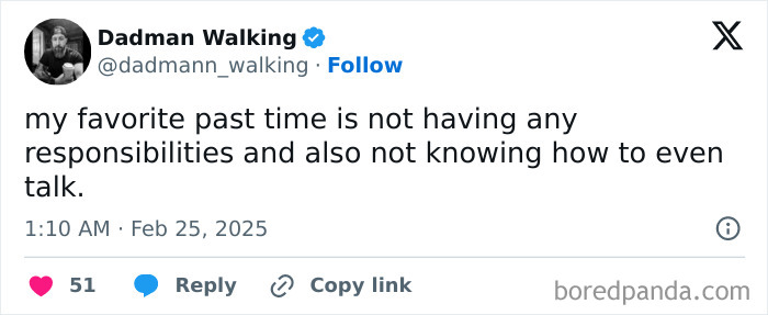 Tweet from a parent joking about enjoying time without responsibilities, featuring humor about parenting challenges.