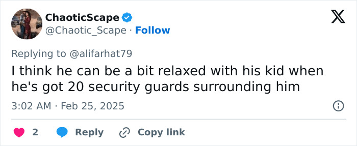 Tweet defending Elon Musk for leaving son X with security.